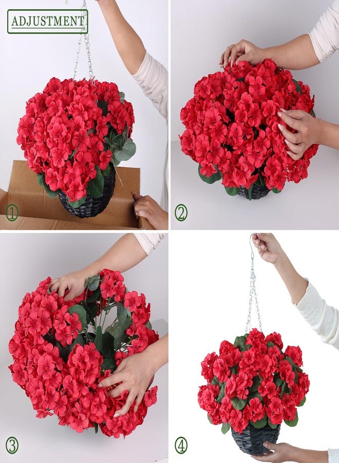 GLIDLION 2 Set Artificial Geraniums Flowers with Hanging Baskets for Outdoors - Sun Resistant Silk with Geranium Flowers, Fake Hanging Planters for Front Porch Garden Patio Home Decor (Red) - Image 5