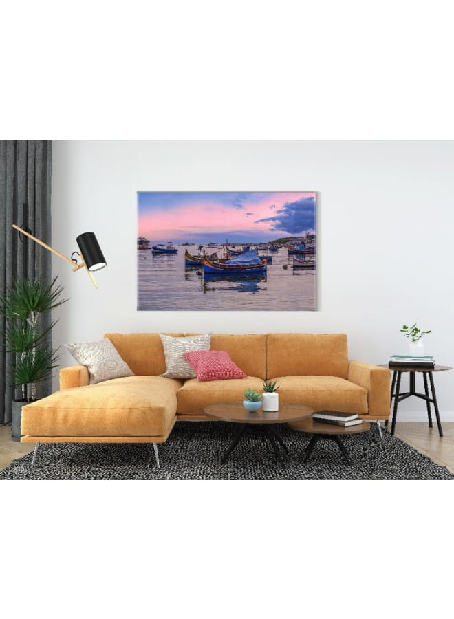 هوم جاليري لوحة فنية جدارية من القماش، صورة تجريدية مؤطرة لقوارب مالطية تقليدية، 120×80 سم - Image 5