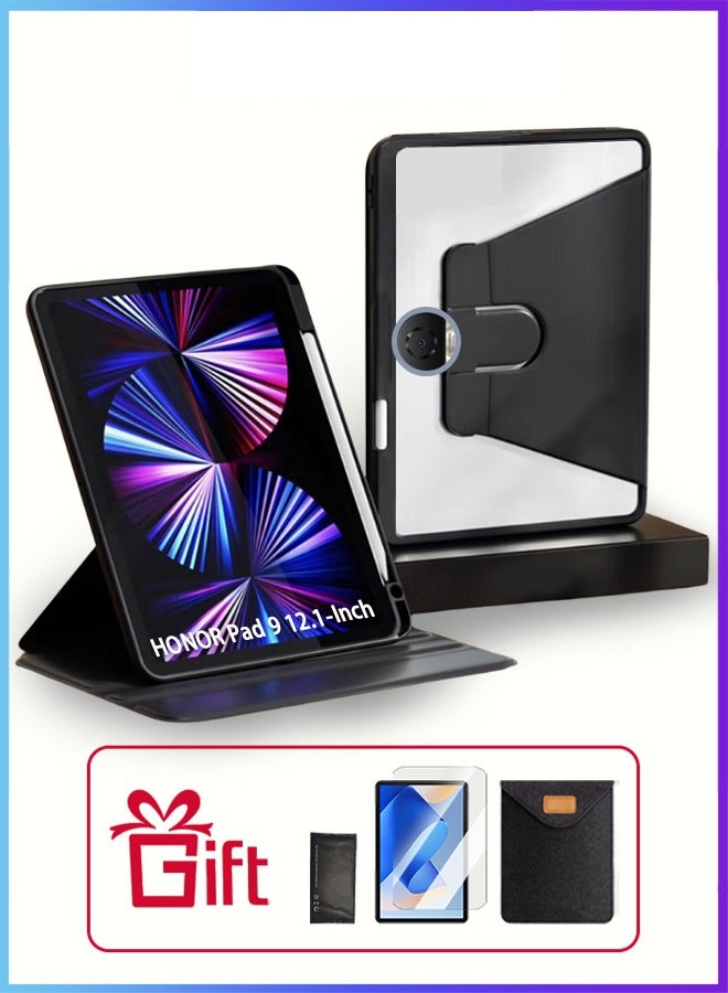 For HONOR Pad 9 12.1-Inch Case With Pen Slot/Tablet 360° Rotating Protective Case/Auto Sleep/Wake Slim Stand/Transparent Tpu Protective Case/Free AED29 Anti-Glare Protective Film/Felt Tablet Pouch- Black - Image 1