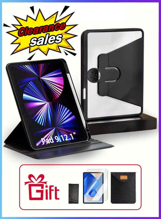 جراب لجهاز HONOR Pad 9 مقاس 12.1 بوصة مزود بفتحة للقلم/جراب واقٍ دوار 360 درجة/حامل رفيع بخاصية السكون/التنشيط التلقائي/جراب واقٍ شفاف من مادة TPU/غلاف واقٍ مضاد للتوهج مجاني بسعر 29 درهمًا إماراتيًا/جراب لوحي من اللباد - أسود - Image 1