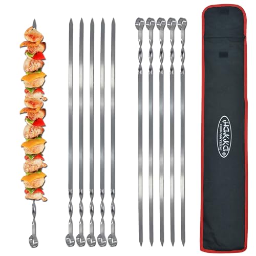 HAKKA FOOD PROCESSING Hakka Stainless Steel Barbecue Skewers, 23.6" Shish Kabob Skewers Heavy Duty Metal Skewers for Grilling Large Wide Reusable Kabob Sticks with NonSlip Ring Handle,Set of 10 - Image 2