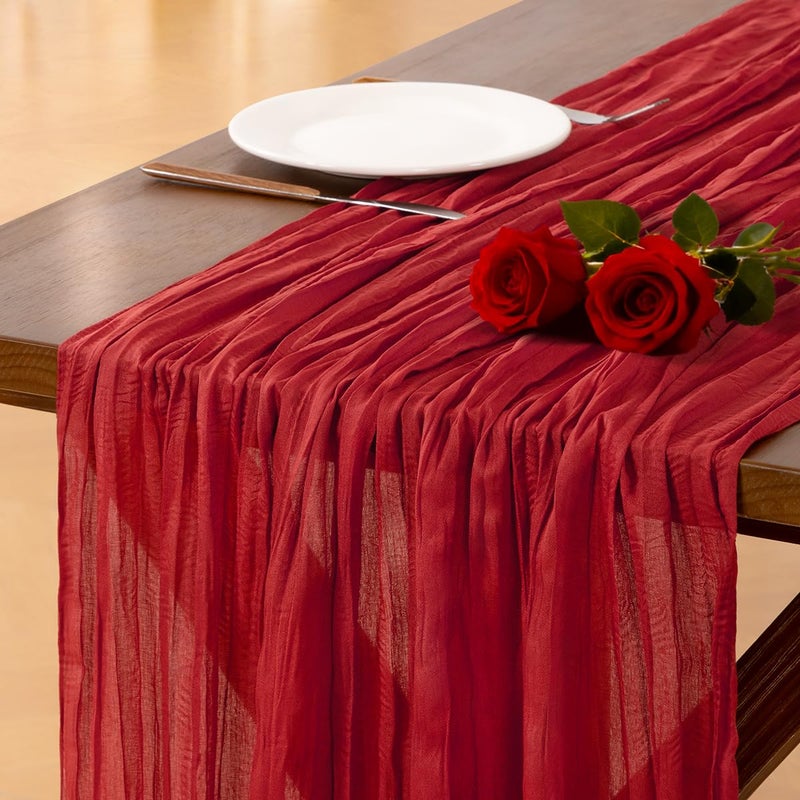 Socomi Red Cheesecloth Table Runner Easter Spring Boho Rustic Gauze 120 inch 10FT Cheese Cloth Runner for Wedding Party Baby Shower Birthday Home Decor Holiday Decorations - Image 1