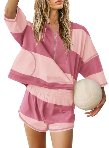 Yanekop Womens Summer Striped Short Set Matching Lounge Sets 2 Piece Outfits Two piece Workout Sets with Pockets(Purple Pink,XS) - Image 2