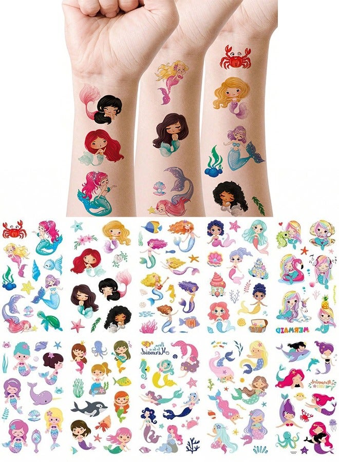 10 Sheets Cartoon Mermaid Temporary Tattoo Stickers, Waterproof Perfect for Parties, Festivals, Gifts - Suitable for Kids & Adults  - Image 1