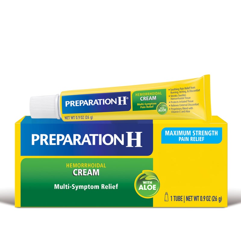 Preparation H كريم علاج أعراض البواسير، أنبوب 0.9 أونصة، قوة قصوى لتسكين الآلام المتعددة مع الصبار - Image 1