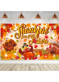 HOWAF Fun Friendsgiving Party Banner, Thankful For You Friends Background Banner For Friends Thanksgiving Party Decoration Photo Supplies, Thanksgiving Maple Leaf Turkey Hanging Banner  - Image 1