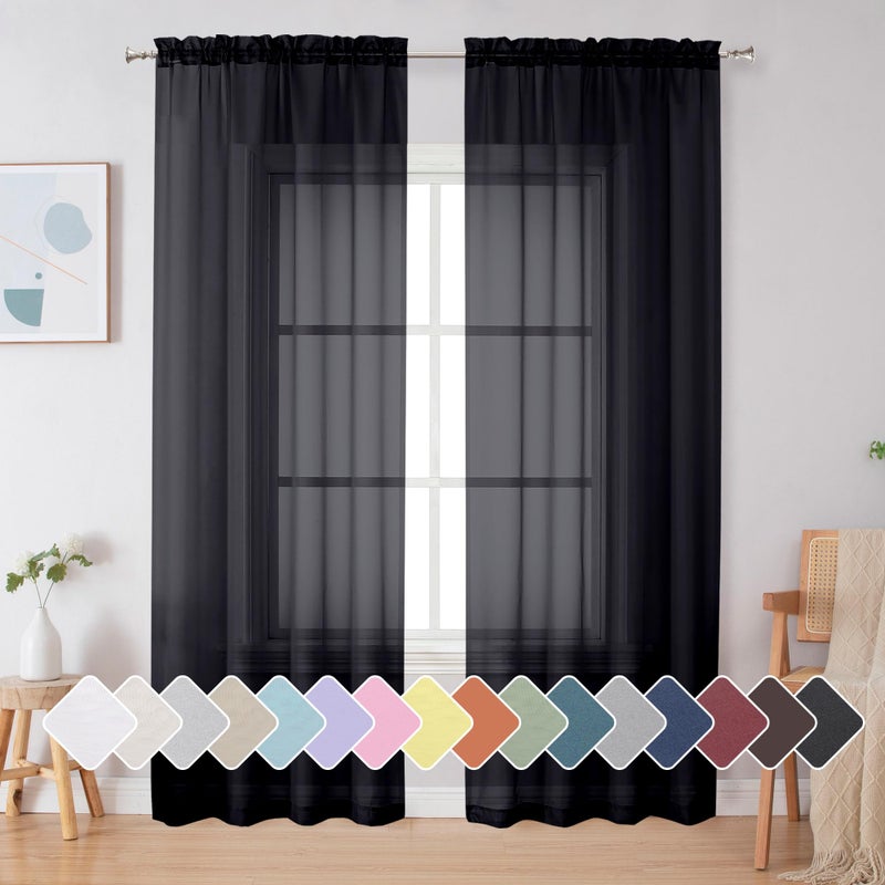 Simplebrand Black Sheer Curtains 84 Inches Long, Light Filtering Rod Pocket Solid Color Window Sheer Curtain Panels, Elegant Curtains & Drapes for Living Room, Bedroom 2 Panels (Black, 42" W x 84" L) - Image 1