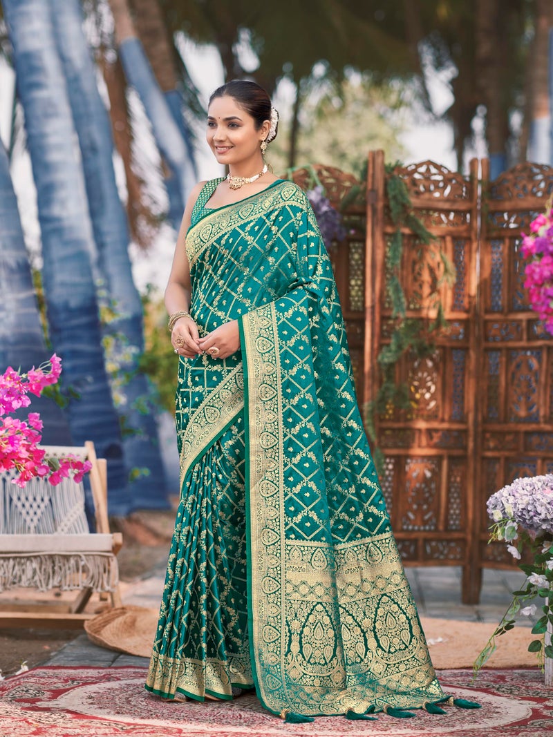 MANOHARI Women's Most Trendy Banarasi Satin Silk Woven Green Saree With Heavy Jacquard Work Saree With Blouse Piece_MN1999 - Image 2