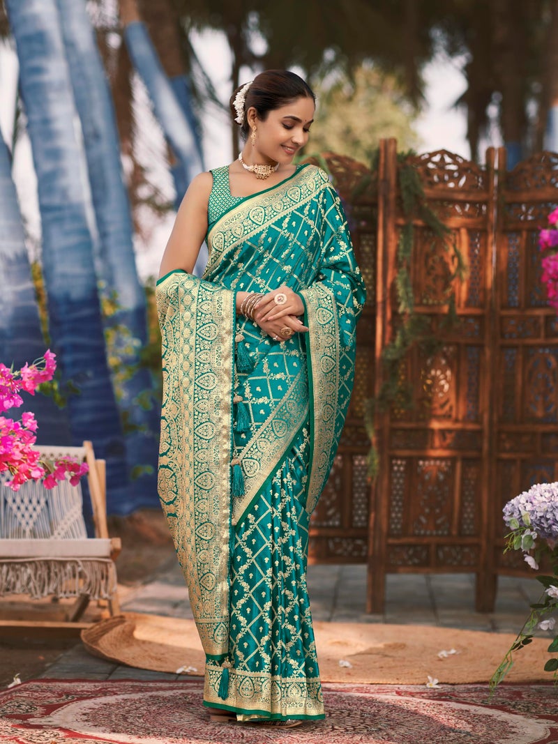 MANOHARI Women's Most Trendy Banarasi Satin Silk Woven Green Saree With Heavy Jacquard Work Saree With Blouse Piece_MN1999 - Image 5