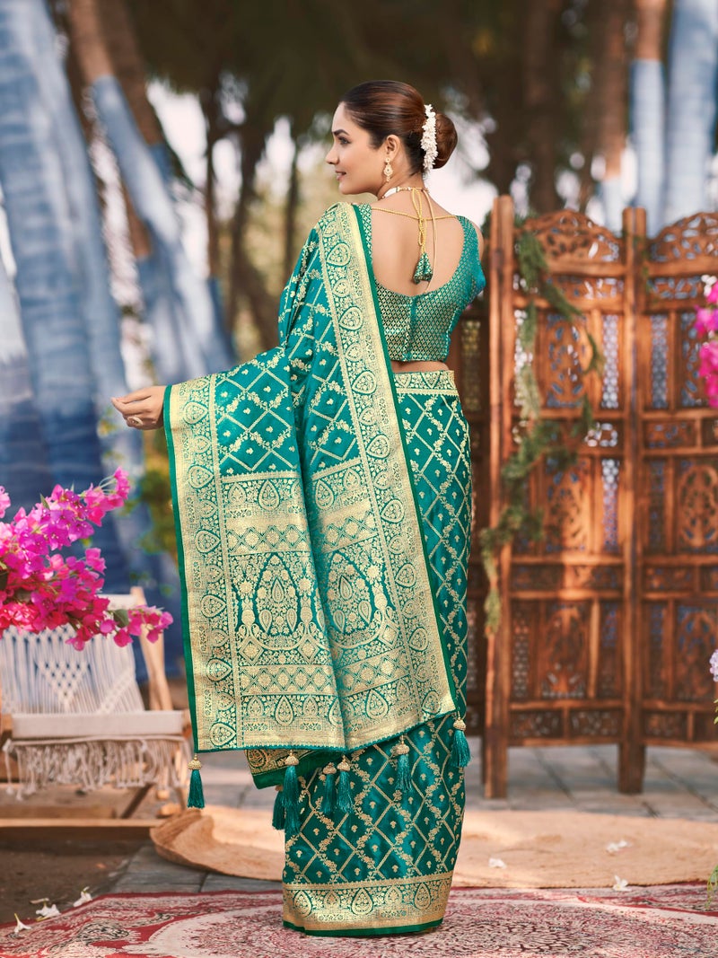 MANOHARI Women's Most Trendy Banarasi Satin Silk Woven Green Saree With Heavy Jacquard Work Saree With Blouse Piece_MN1999 - Image 3