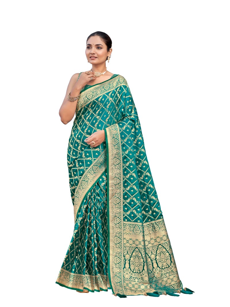 MANOHARI Women's Most Trendy Banarasi Satin Silk Woven Green Saree With Heavy Jacquard Work Saree With Blouse Piece_MN1999 - Image 1