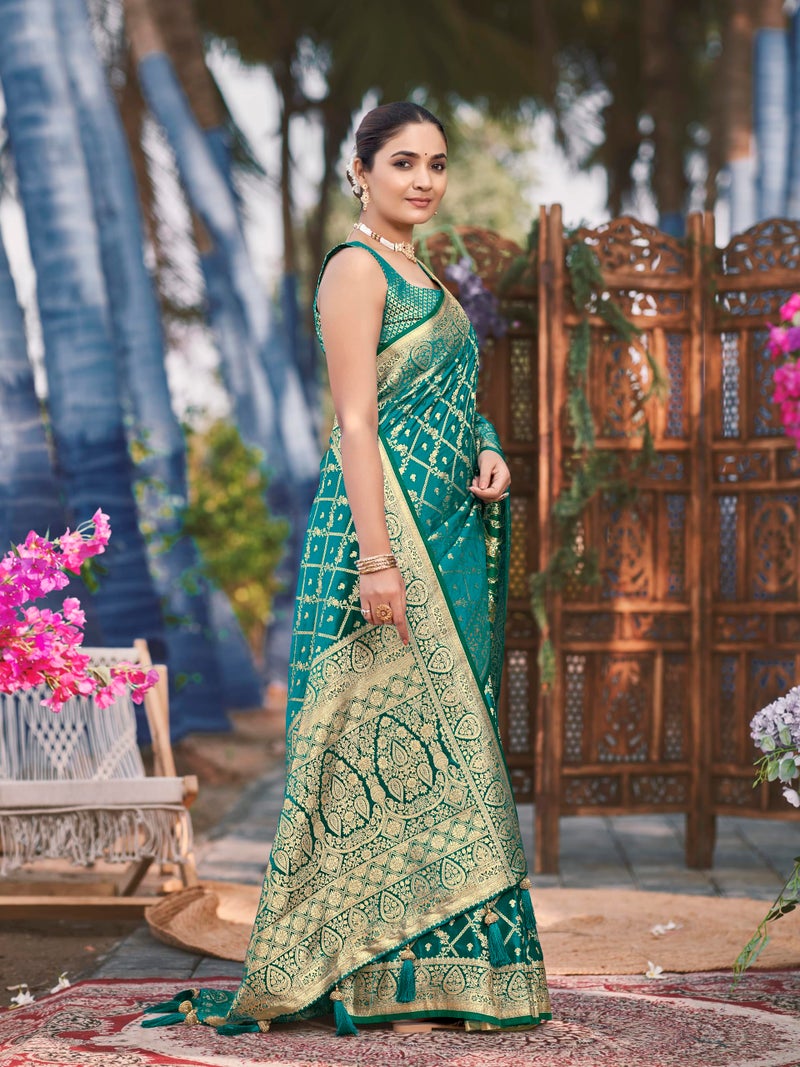 MANOHARI Women's Most Trendy Banarasi Satin Silk Woven Green Saree With Heavy Jacquard Work Saree With Blouse Piece_MN1999 - Image 4