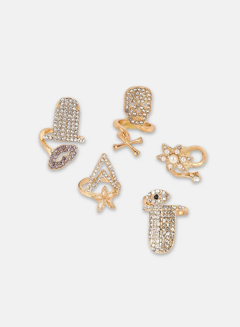 SOHI SOHI Women The Bling-Bloom Nail Ring Set | California  Colour | Set Of 5 | One-Size | Artificial Stone Alloy Material | Adjustable Closure | Ring For Casual & Evening Wear