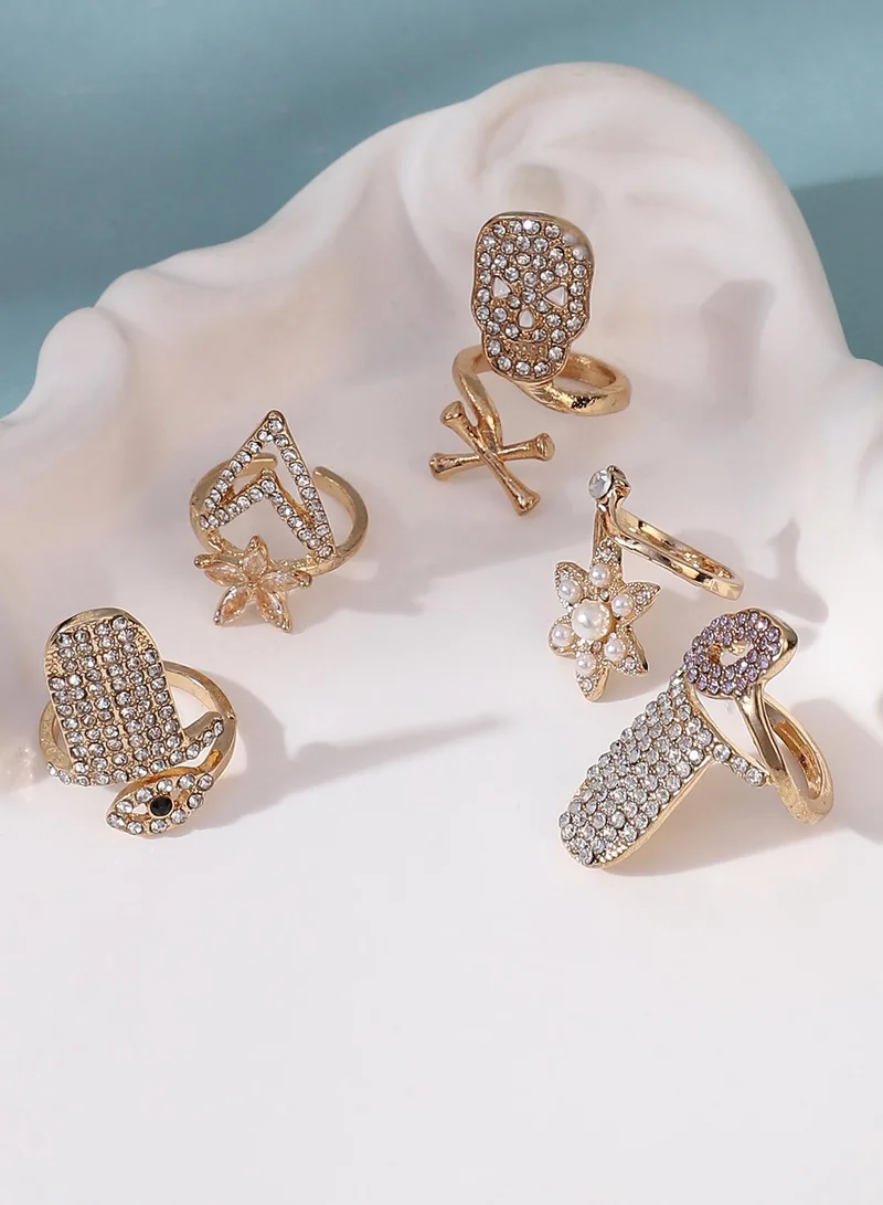 SOHI SOHI Women The Bling-Bloom Nail Ring Set | California  Colour | Set Of 5 | One-Size | Artificial Stone Alloy Material | Adjustable Closure | Ring For Casual & Evening Wear