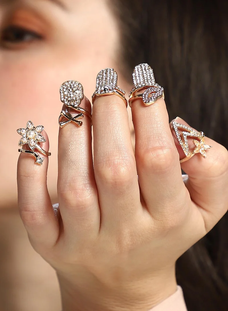 SOHI SOHI Women The Bling-Bloom Nail Ring Set | California  Colour | Set Of 5 | One-Size | Artificial Stone Alloy Material | Adjustable Closure | Ring For Casual & Evening Wear