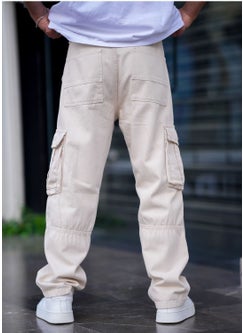 Cool Tarz Cool Style Men's Cargo Pocket Baggy Pants Cream Color  - Image 2