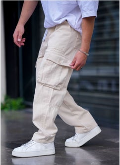 Cool Tarz Cool Style Men's Cargo Pocket Baggy Pants Cream Color  - Image 3