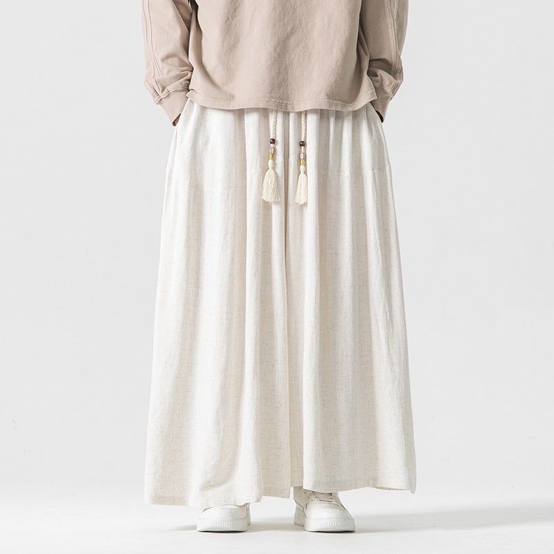 Autumn Chinese Style Plus Size Cotton And Linen Straight Leg Pants Japanese Style Retro Solid Color Loose Skirt Pants For Men - Image 1