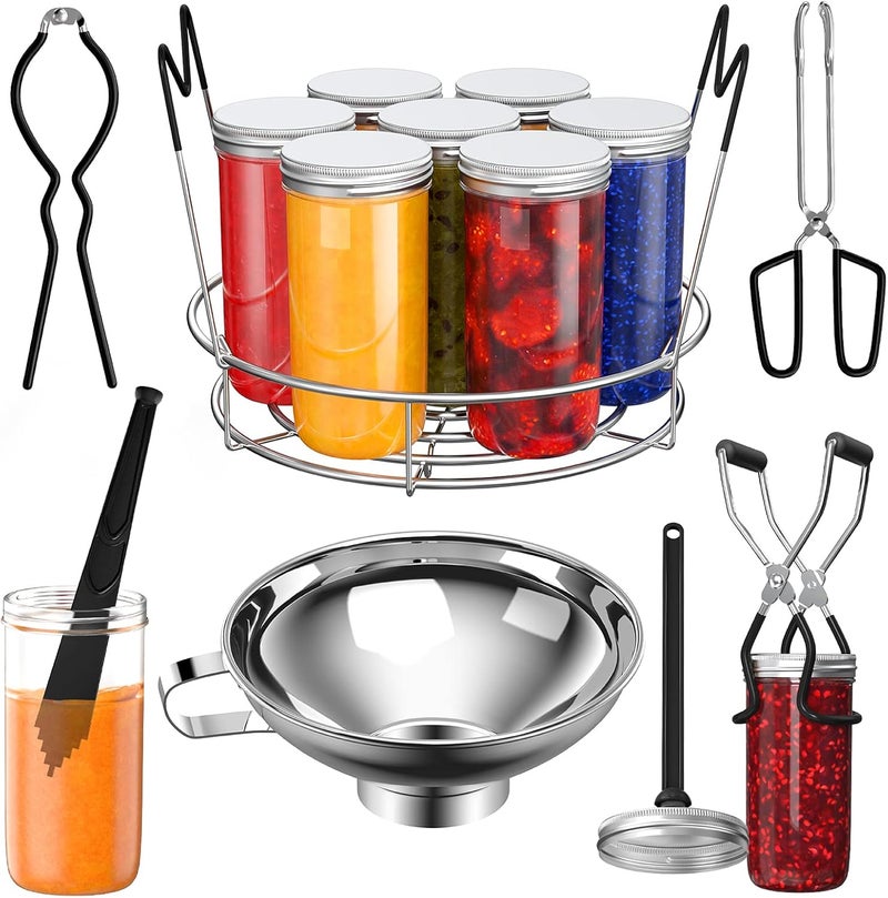 Pisol Canning Supplies Starter Kit, 7 Piece Canning Tools Set with Stainless Steel Rack, Wide Mouth Funnel, Kitchen Tongs, Jar Lifter, Magnetic Lid Lifter, jar Wrench, Bubble Popper - Image 1