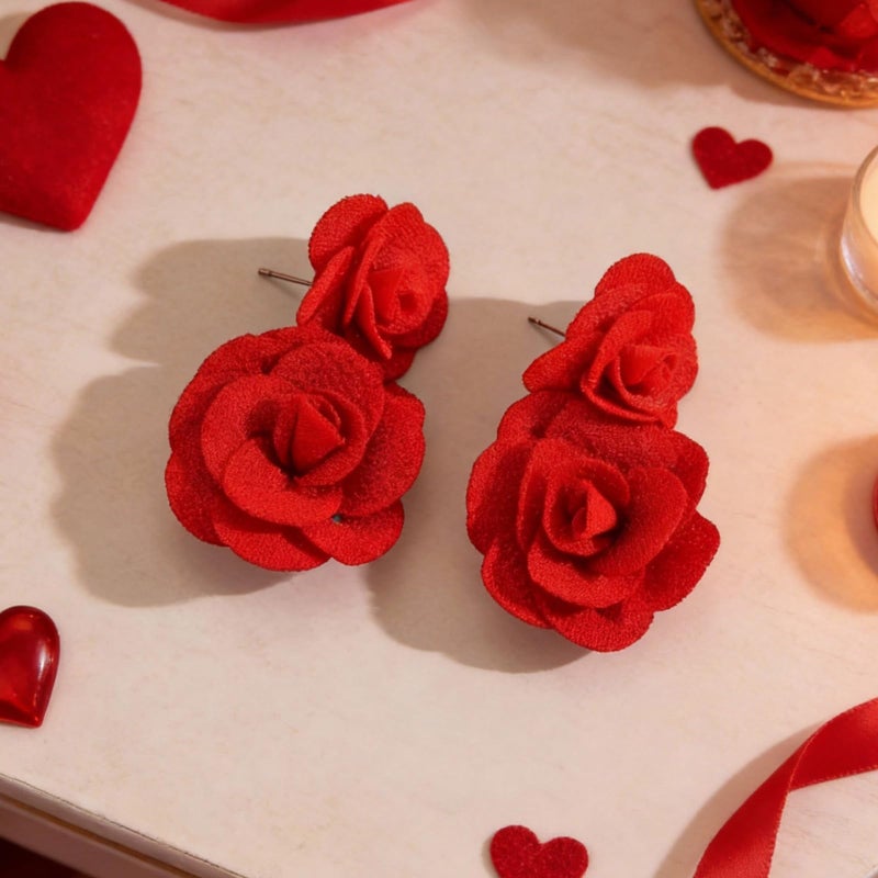 Novearring Red Rose Earrings for Women Pearl Dangle Gold Accent Valentines Day Daily Party Fashion Jewelry Gifts - Image 4