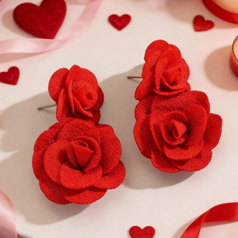 Novearring Red Rose Earrings for Women Pearl Dangle Gold Accent Valentines Day Daily Party Fashion Jewelry Gifts - Image 5