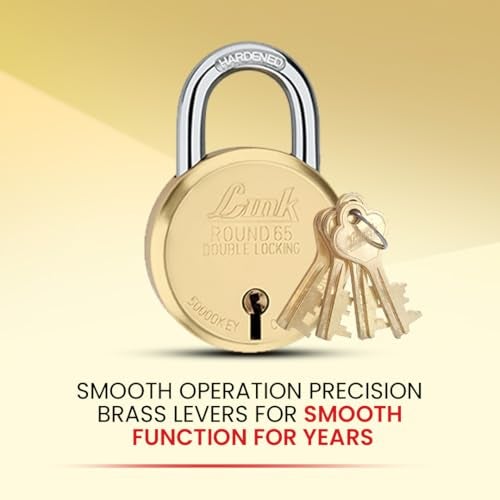 Link 8 Levers 65mm Round Brass Body Padlock| Hardened Shackle|Double Locking | Brass Finish Home Door Lock with 4 Keys| Made in India| (Gold, Pack of 2) - Image 2