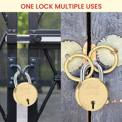 Link 8 Levers 65mm Round Brass Body Padlock| Hardened Shackle|Double Locking | Brass Finish Home Door Lock with 4 Keys| Made in India| (Gold, Pack of 2) - Image 4