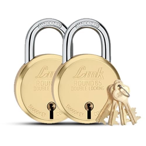 Link 8 Levers 65mm Round Brass Body Padlock| Hardened Shackle|Double Locking | Brass Finish Home Door Lock with 4 Keys| Made in India| (Gold, Pack of 2) - Image 1