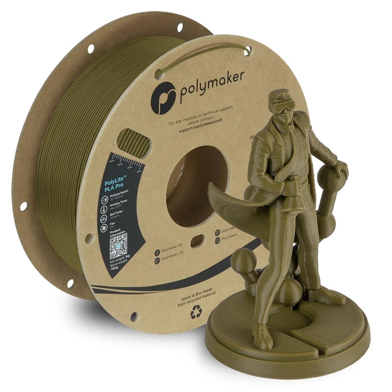 polymaker خيوط PLA PRO 1.75 مم، قوية وعالية الصلابة باللون الأخضر العسكري 1.75 مم 1 كجم على بكرة كرتونية - خيوط طباعة ثلاثية الأبعاد PolyLite PLA PRO 1.75 مم، طباعة باستخدام معظم الطابعات ثلاثية الأبعاد باستخدام خيوط ثلاثية الأبعاد - Image 1