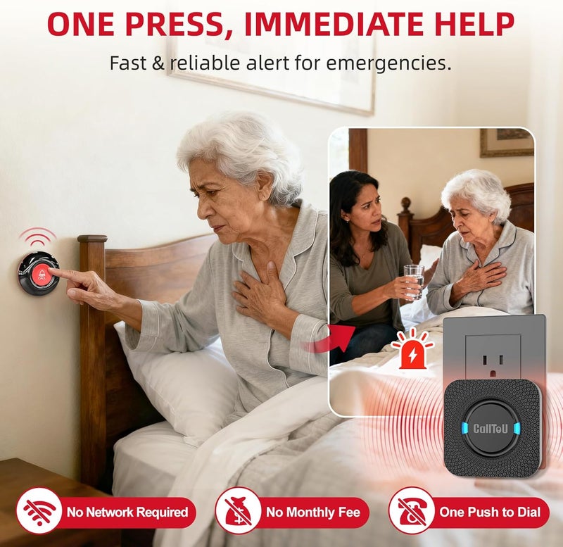 CallToU Wireless Caregiver Call Button Elderly Monitoring Alert Systems for Seniors 1 Plugin Receiver 2 Waterproof Transmitters - Image 2