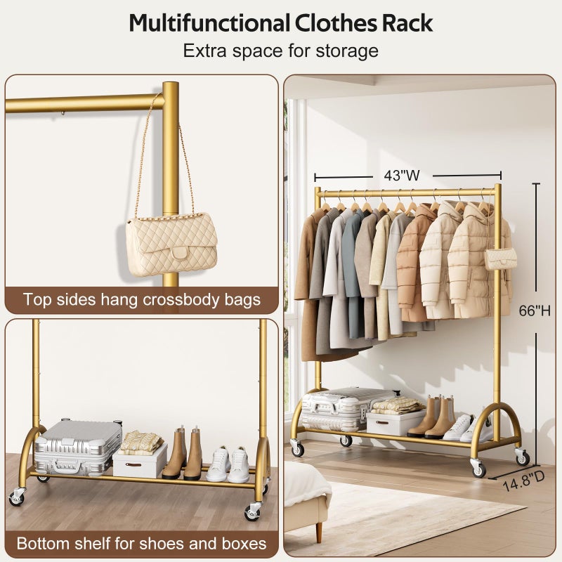 MISSLO Heavy Duty Clothing Rack with Wheels Rolling Clothes Racks for Hanging Clothes, Coats, Garment, Dress, Gold - Image 5