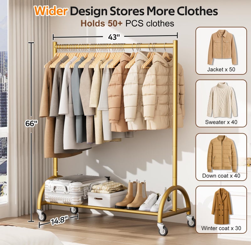 MISSLO Heavy Duty Clothing Rack with Wheels Rolling Clothes Racks for Hanging Clothes, Coats, Garment, Dress, Gold - Image 2