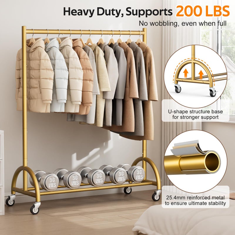 MISSLO Heavy Duty Clothing Rack with Wheels Rolling Clothes Racks for Hanging Clothes, Coats, Garment, Dress, Gold - Image 3