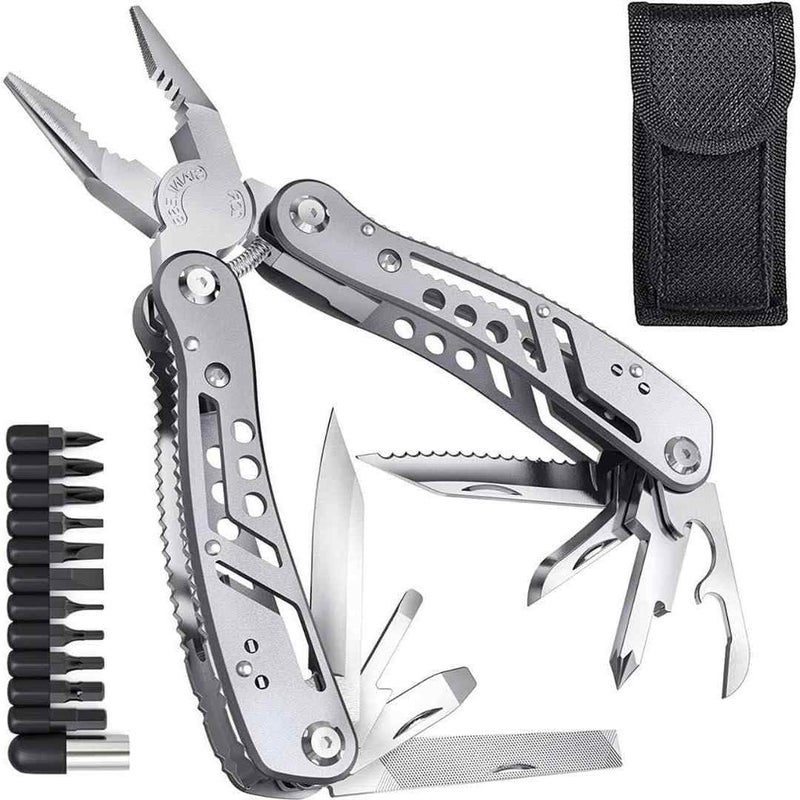 Zaptec 24 in 1 Multi Function Plier Tool Stainless Steel Body Includes Carrying Pouch, 11 Screwdriver Bits with Holder, Wire Cutter, Bottle/Can Opener, Cutter Suitable for DIY, Camping & Trekking - Image 1