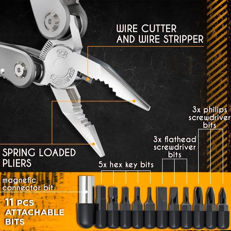 Zaptec 24 in 1 Multi Function Plier Tool Stainless Steel Body Includes Carrying Pouch, 11 Screwdriver Bits with Holder, Wire Cutter, Bottle/Can Opener, Cutter Suitable for DIY, Camping & Trekking - Image 4