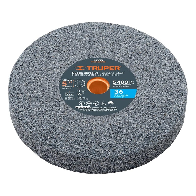 TRUPER PIES-53436 5" Aluminum Oxide Bench Grinding Wheels. Grit=36, Thickness=3/4", Arbor=1/2". 1 Pack - Image 1