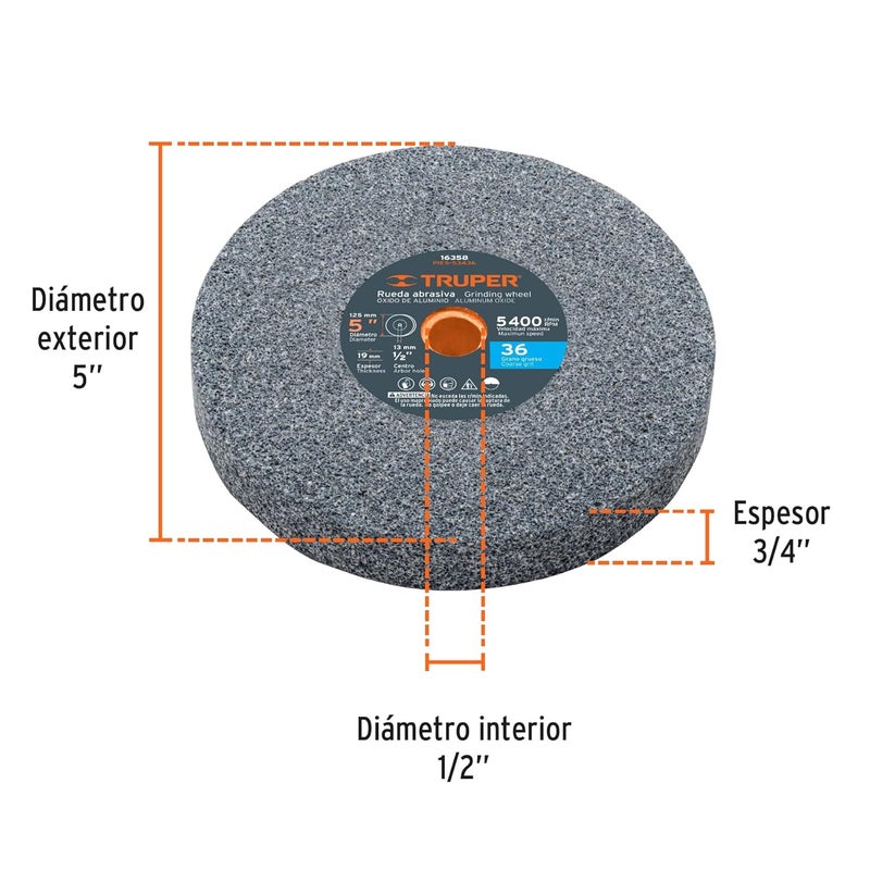 TRUPER PIES-53436 5" Aluminum Oxide Bench Grinding Wheels. Grit=36, Thickness=3/4", Arbor=1/2". 1 Pack - Image 2