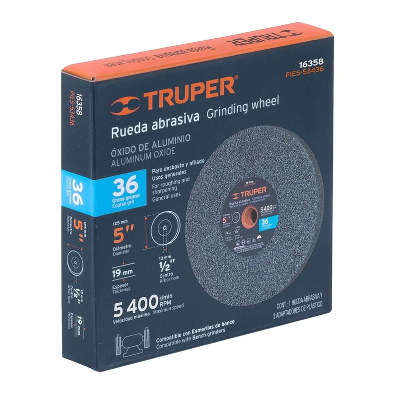 TRUPER PIES-53436 5" Aluminum Oxide Bench Grinding Wheels. Grit=36, Thickness=3/4", Arbor=1/2". 1 Pack - Image 4