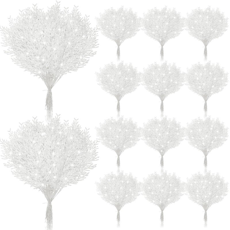 Giegxin 48 PC Christmas Glitter Artificial Pine Needles Pine Tree Twig Picks Branches for Wedding Tree Glittery Stem for Christmas DIY Wreath Garden Embellishing Garland Decoration(White) - Image 1