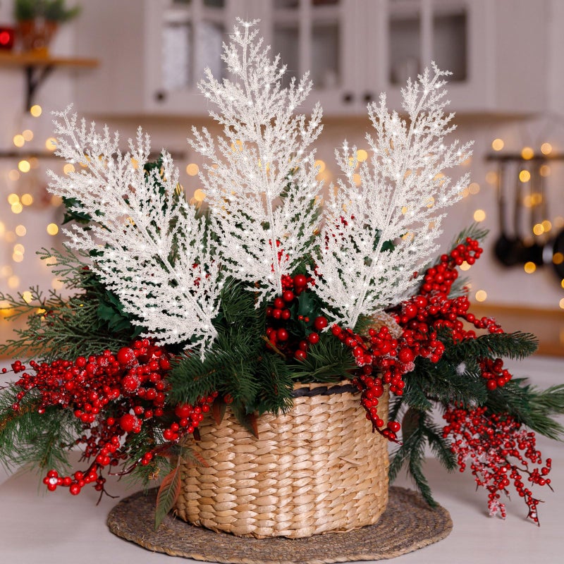 Giegxin 48 PC Christmas Glitter Artificial Pine Needles Pine Tree Twig Picks Branches for Wedding Tree Glittery Stem for Christmas DIY Wreath Garden Embellishing Garland Decoration(White) - Image 3
