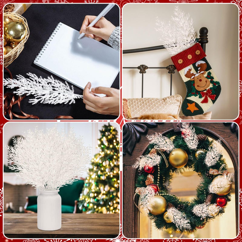 Giegxin 48 PC Christmas Glitter Artificial Pine Needles Pine Tree Twig Picks Branches for Wedding Tree Glittery Stem for Christmas DIY Wreath Garden Embellishing Garland Decoration(White) - Image 5