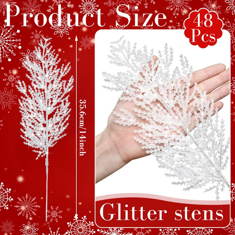 Giegxin 48 PC Christmas Glitter Artificial Pine Needles Pine Tree Twig Picks Branches for Wedding Tree Glittery Stem for Christmas DIY Wreath Garden Embellishing Garland Decoration(White) - Image 2