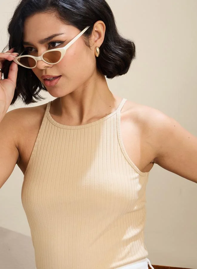 SASSAFRAS Sassafras Beige Ribbed Knit Strappy Top