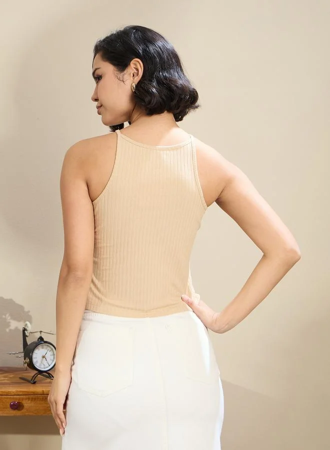 SASSAFRAS Sassafras Beige Ribbed Knit Strappy Top