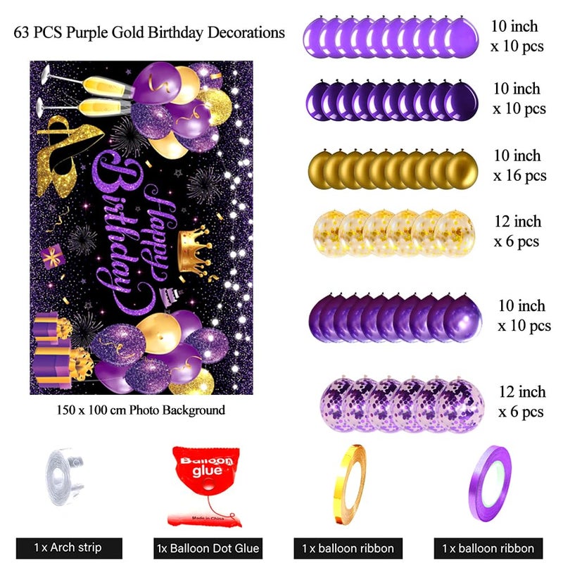 YinQin 63 PCS Purple Gold Happy Birthday Party Balloons Set with Photo Background Backdrop Banner Cloth Purple and Golden Happy Birthday Party Supplies Decoration Bday Confetti Balloon for Girl Women - Image 3