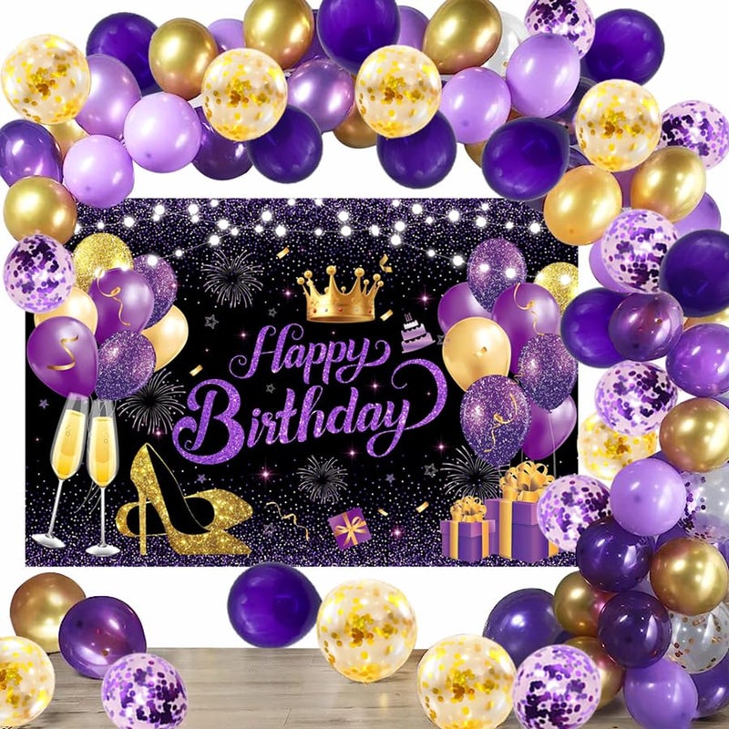 YinQin 63 PCS Purple Gold Happy Birthday Party Balloons Set with Photo Background Backdrop Banner Cloth Purple and Golden Happy Birthday Party Supplies Decoration Bday Confetti Balloon for Girl Women - Image 2