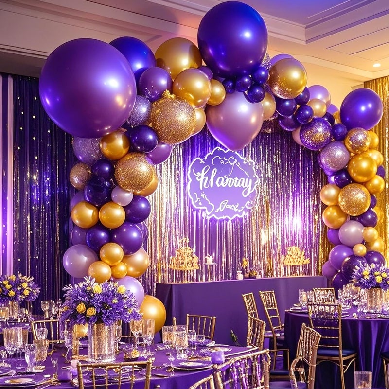 YinQin 63 PCS Purple Gold Happy Birthday Party Balloons Set with Photo Background Backdrop Banner Cloth Purple and Golden Happy Birthday Party Supplies Decoration Bday Confetti Balloon for Girl Women - Image 5