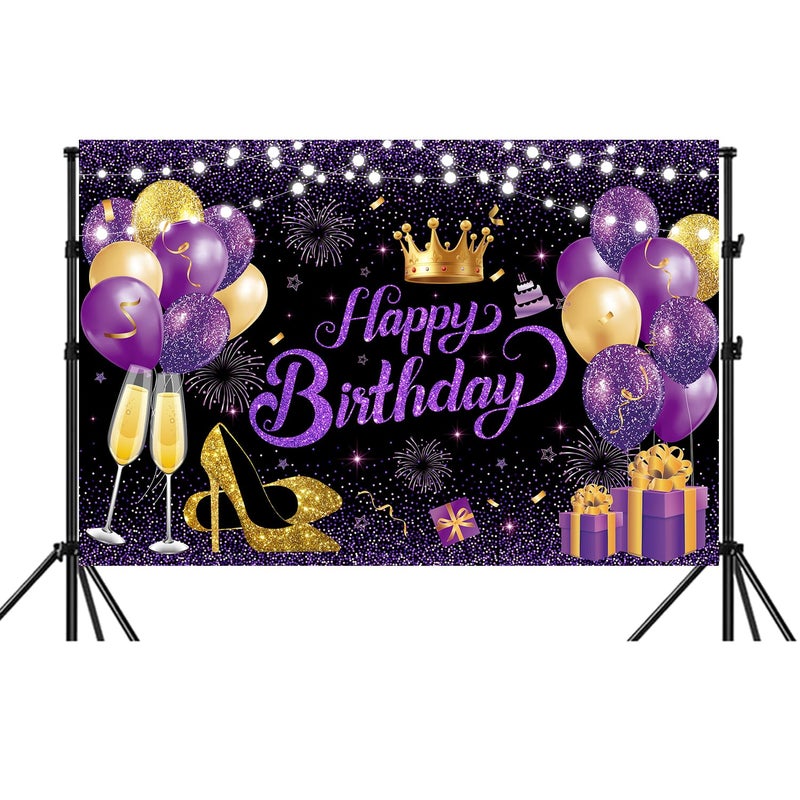YinQin 63 PCS Purple Gold Happy Birthday Party Balloons Set with Photo Background Backdrop Banner Cloth Purple and Golden Happy Birthday Party Supplies Decoration Bday Confetti Balloon for Girl Women - Image 4