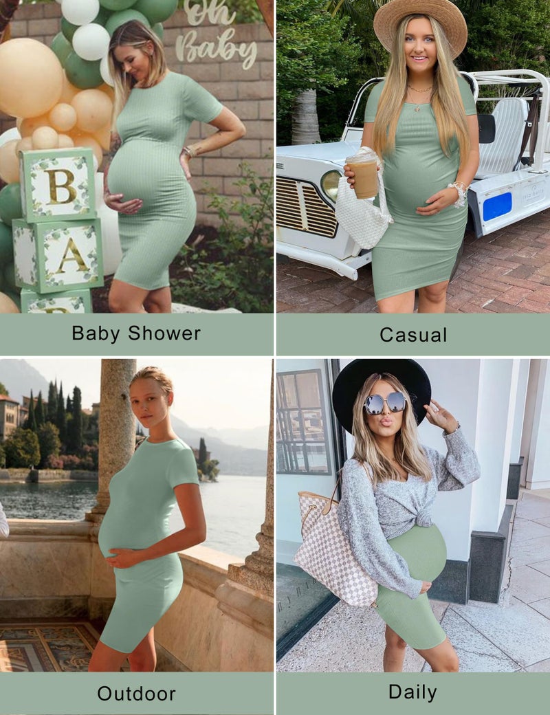 Peauty Green Summer Maternity Bodycon Dresses for Baby Shower Round Casual Short Sleeve Photoshoot (Sage Green M) - Image 2
