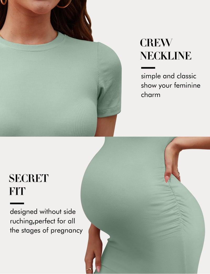Peauty Green Summer Maternity Bodycon Dresses for Baby Shower Round Casual Short Sleeve Photoshoot (Sage Green M) - Image 5